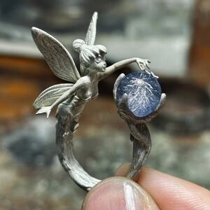 Silver Fairy Ring with Aquamarine-Blue Orb